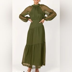 NWOT $99 Petal & Pup JULIP SHEER LONG SLEEVE MAXI DRESS - OLIVE